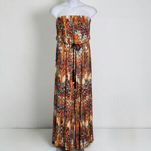 Midnight Velvet Strapless Chevron Boho Jumpsuit Wide Leg Tassel Rope Belt Sz 1X